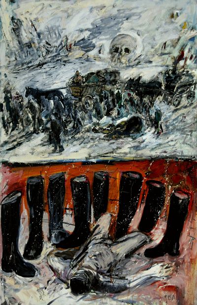 RÜCKZUG - Hörst du den Klang der Stiefel-dann fliehe, Öl auf Leinen, 200 x 130 cm